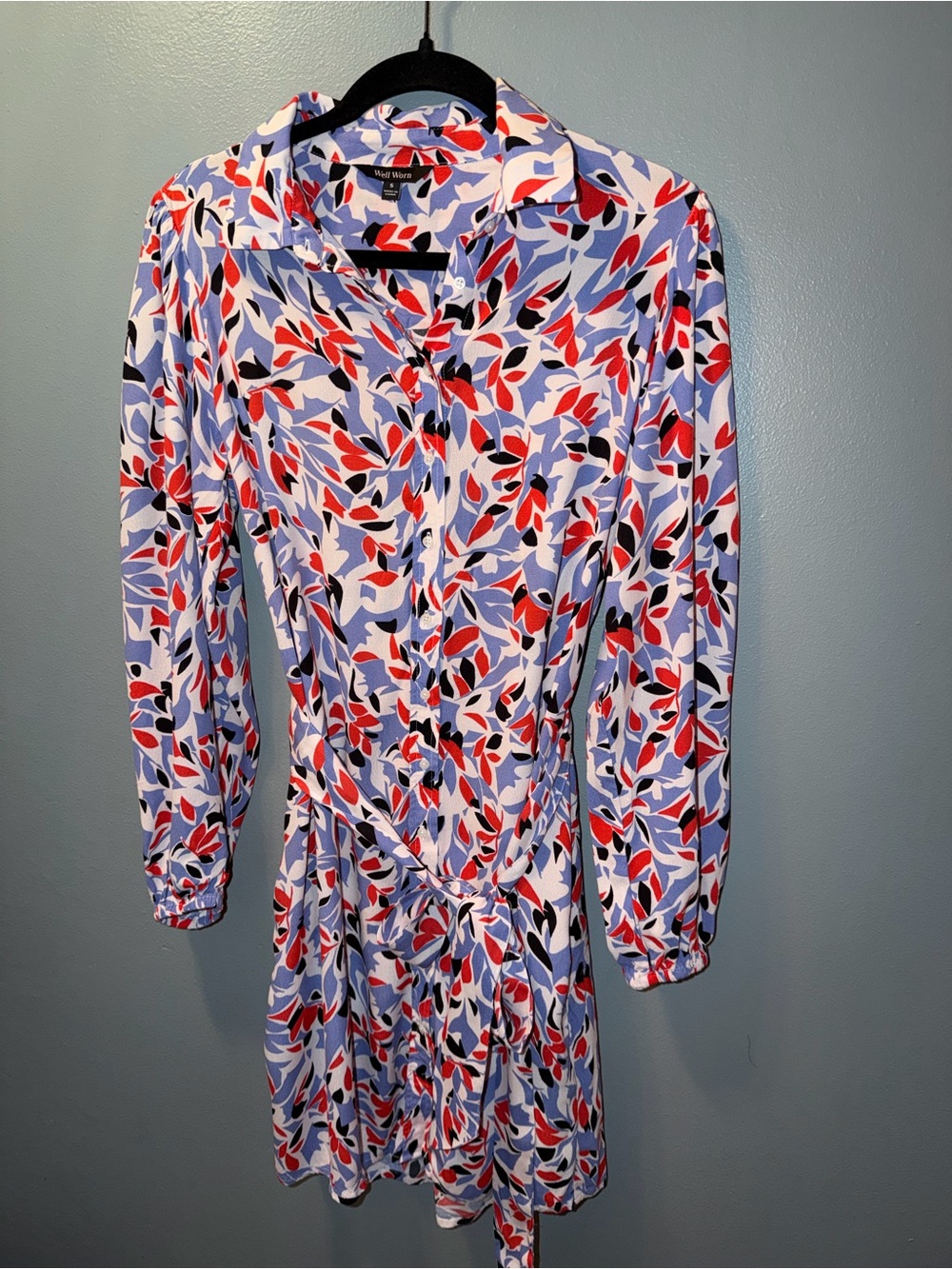 Well Worn Long Sleeve Leaf Print Dress in Blue, Red & White